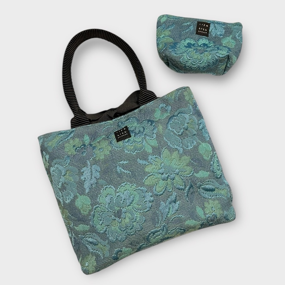 LISA LILL Floral Jacquard Mini Bag Purse with Matching Pouch Teal & Blue Y2K